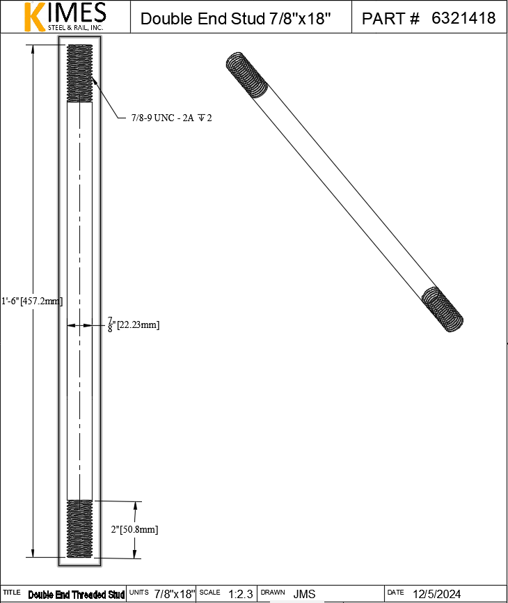 Double End Stud 7/8"x18" Steel Threaded 2" Each End 9 TPI UNC