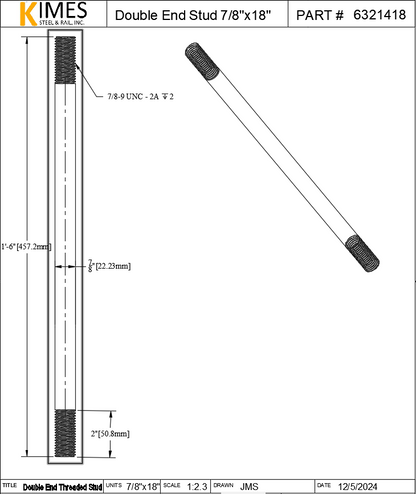 Double End Stud 7/8"x18" Steel Threaded 2" Each End 9 TPI UNC