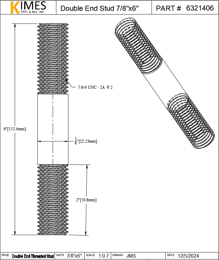 Double End Stud 7/8"x6" Steel Threaded 2" Each End 9 TPI UNC