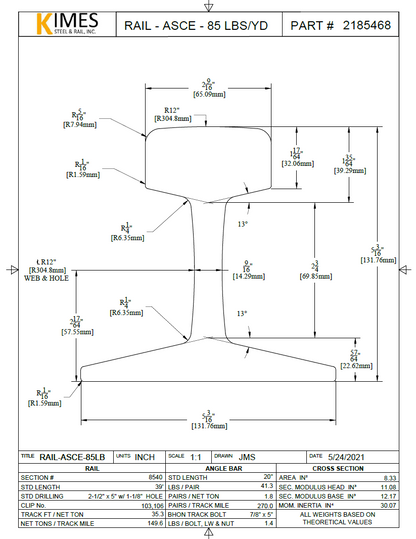 85 lb ASCE New Rail 33' Holes 2-1/2"x5" 935 lb/pc